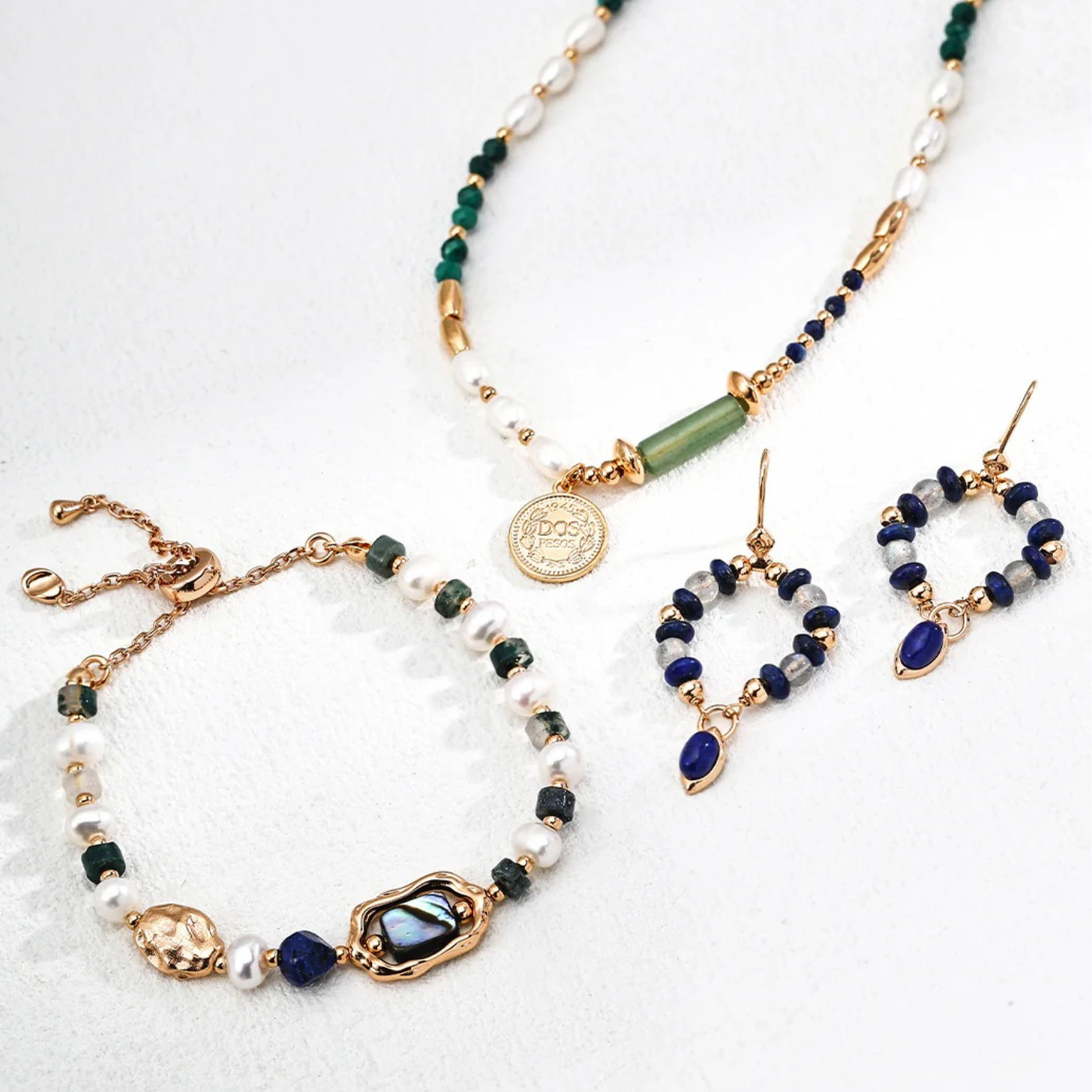 Gaia Medallion Necklace – Pearl, Malachite & Lapis on S925 Silver in Vintage Gold