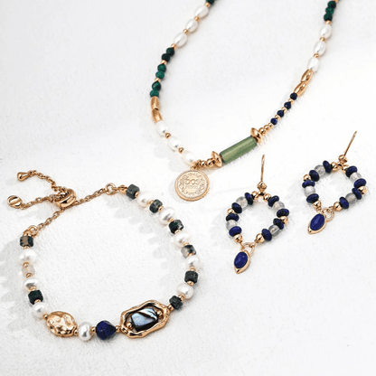Gaia Medallion Necklace – Pearl, Malachite & Lapis on S925 Silver in Vintage Gold - Beloved Moments Jewels & Co. Inc.