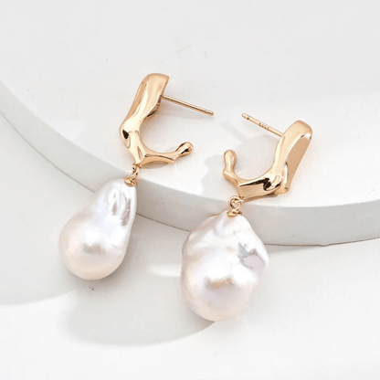 Molten Baroque Pearl Drop Earrings – 18K Vintage Gold White Gold Plated S925 Silver - Beloved Moments Jewels & Co. Inc.