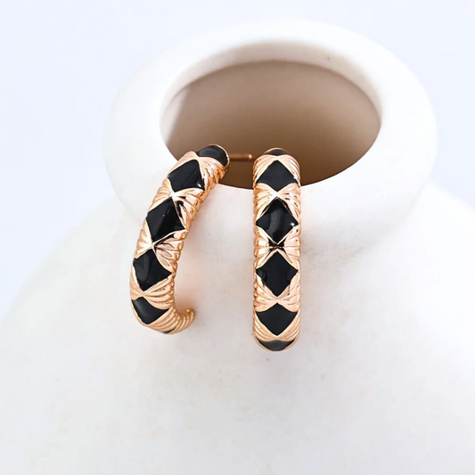 Noir Lattice Enamel Mini Hoops — Vintage Gold (S925)