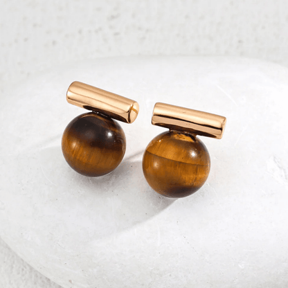 Tiger Eye & Onyx Sphere Stud Earrings – 18K Vintage Gold, White Gold Plated S925 Silver - Beloved Moments Jewels & Co. Inc.