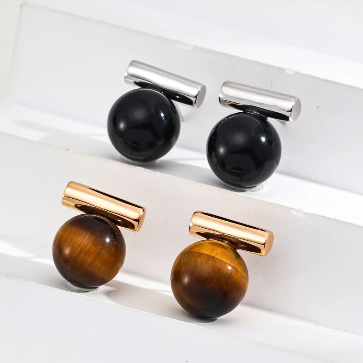 Tiger Eye & Onyx Sphere Stud Earrings – S925 Sterling Silver