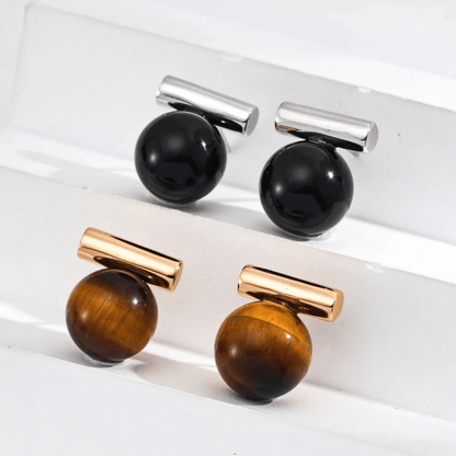Tiger Eye & Onyx Sphere Stud Earrings  – 18K Vintage Gold, White Gold Plated S925 Silver - Beloved Moments Jewels & Co. Inc.