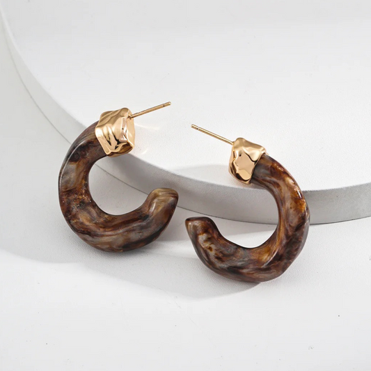 Resin Hoop Earrings in Agate & Coral Tones - S925 Sterling Silver