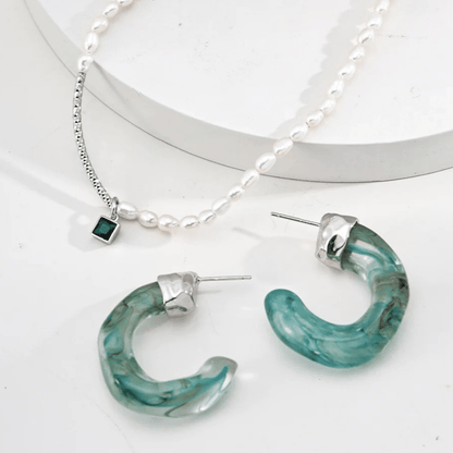 Resin Hoop Earrings in Agate & Coral Tones - S925 Sterling Silver - Beloved Moments Jewels & Co. Inc.