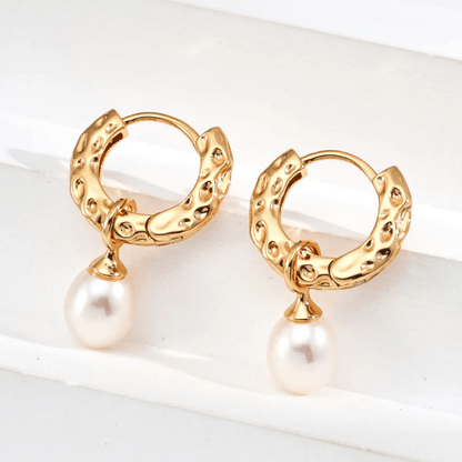 Baroque Pearl Drop Hoop Earrings - 18K Vintage Gold White Gold S925 Silver - Beloved Moments Jewels & Co. Inc.