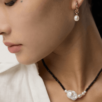 Baroque Pearl Drop Hoop Earrings -18K Vintage Gold White Gold S925 Silver- Beloved Moments Jewels & Co. Inc.