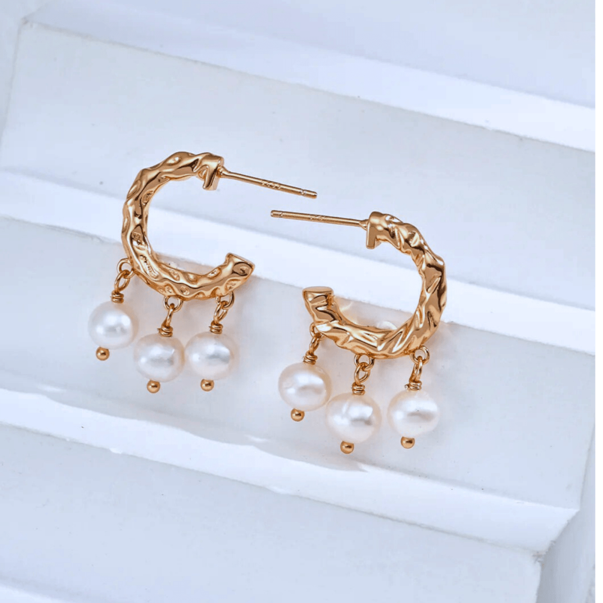 Sculptural Pearl Drop Hoops - 18K Vintage Gold White Gold Plated S925 Silver) - Beloved Moments Jewels & Co. Inc.