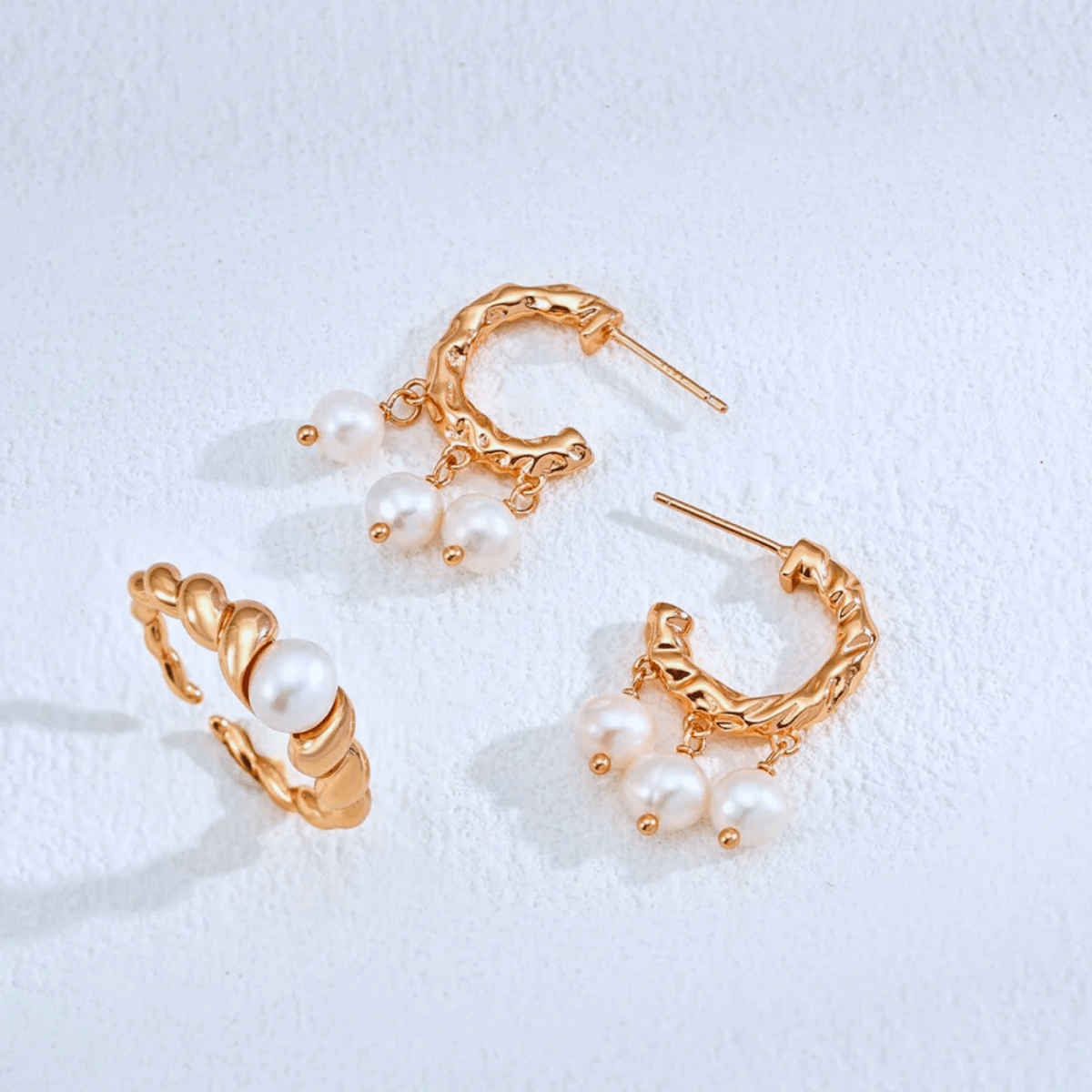 Sculptural Pearl Drop Hoops - 18K Vintage Gold White Gold Plated S925 Silver) - Beloved Moments Jewels & Co. Inc.