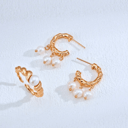 Sculptural Pearl Drop Hoops - 18K Vintage Gold White Gold Plated S925 Silver) - Beloved Moments Jewels & Co. Inc.