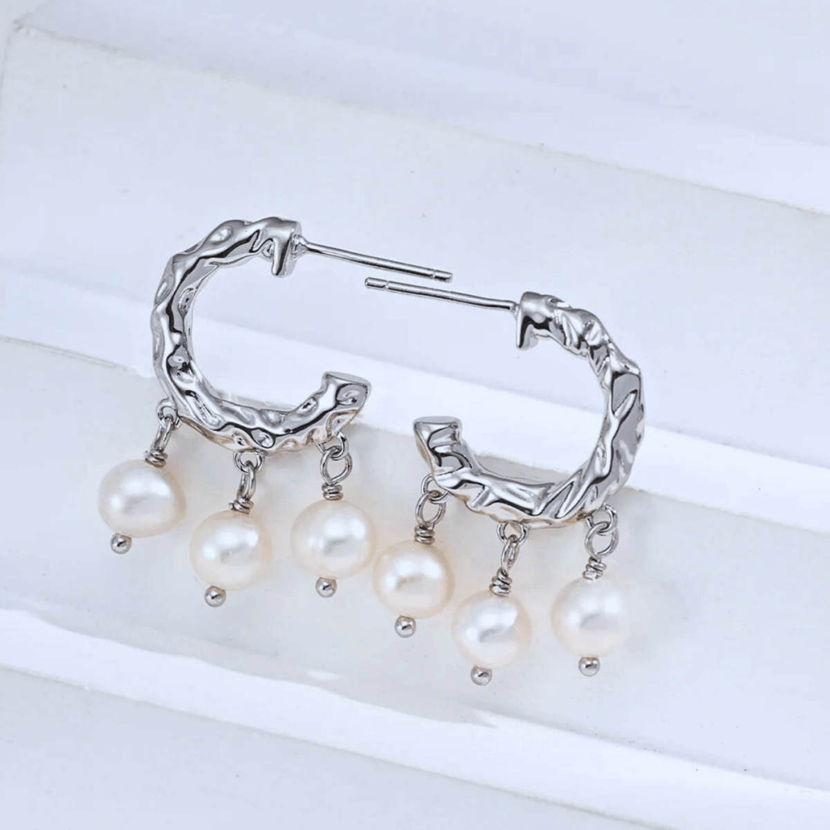Sculptural Pearl Drop Hoops - 18K Vintage Gold White Gold Plated S925 Silver) - Beloved Moments Jewels & Co. Inc.
