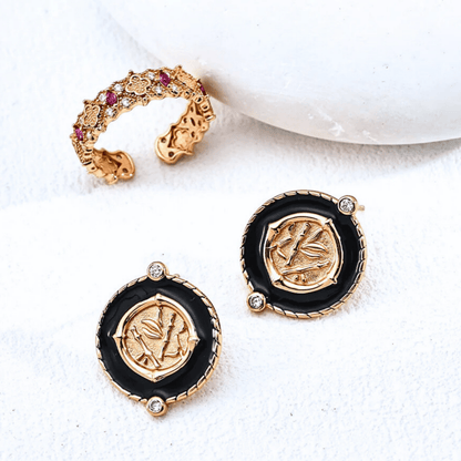 Vintage Coin Enamel Earrings — 925 Sterling Silver, 18K Vintage Gold/ White Gold Plated - Beloved Moments Jewels & Co. Inc.