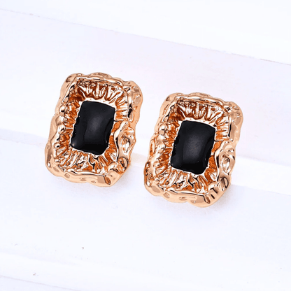 Noir Rectangulaire Earrings S925 Silver with Black Enamel 18K Vintage Gold Plated - Beloved Moments Jewels & Co. Inc.