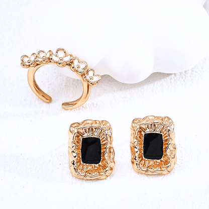 Noir Rectangulaire Earrings S925 Silver with Black Enamel 18K Vintage Gold Plated- Beloved Moments Jewels & Co. Inc.