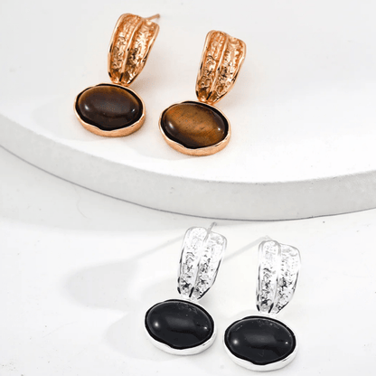 Tiger Eye & Onyx Textured Drop Earrings – S925 Sterling Silver - Beloved Moments Jewels & Co. Inc.