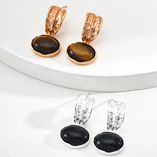 Tiger Eye & Onyx Textured Drop Earrings – S925 Sterling Silver