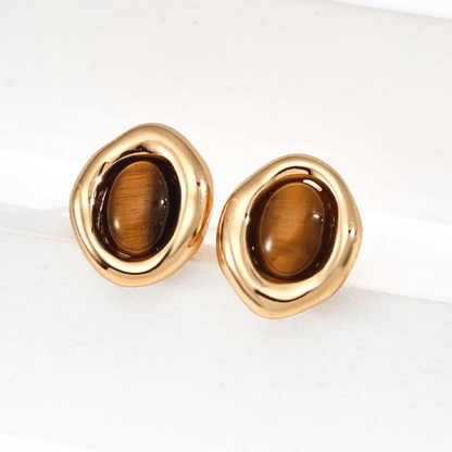 Tiger Eye Oval Earrings – 18K Vintage Gold White Gold Plated S925 Silver - Beloved Moments Jewels & Co. Inc.
