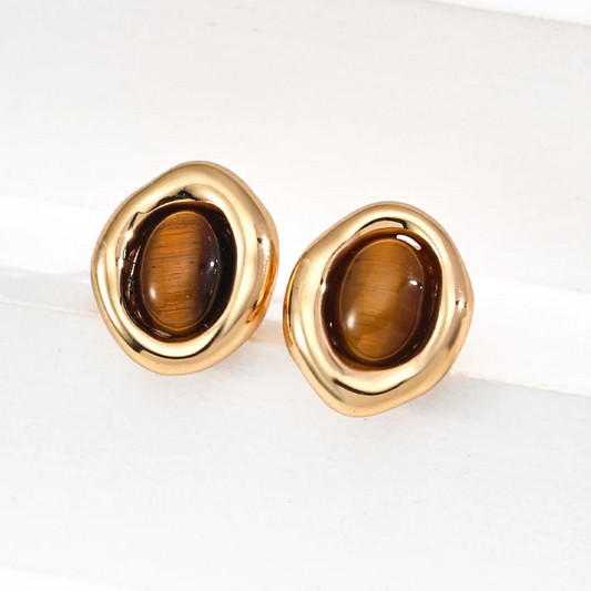 Tiger Eye Oval Earrings – S925 Sterling Silver in Vintage Gold & White Gold