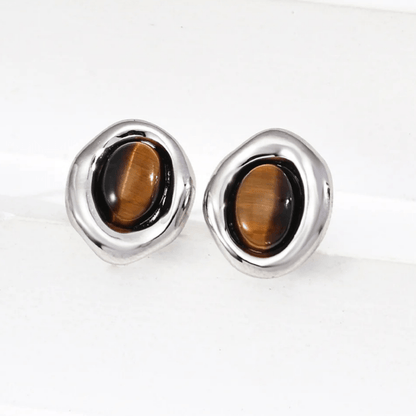 Tiger Eye Oval Earrings – 18K Vintage Gold White Gold Plated S925 Silver - Beloved Moments Jewels & Co. Inc.