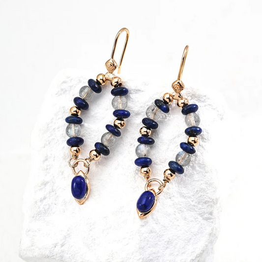 Luna Loop Earrings – Labradorite & Lapis Lazuli on S925 Sterling Silver in Vintage Gold