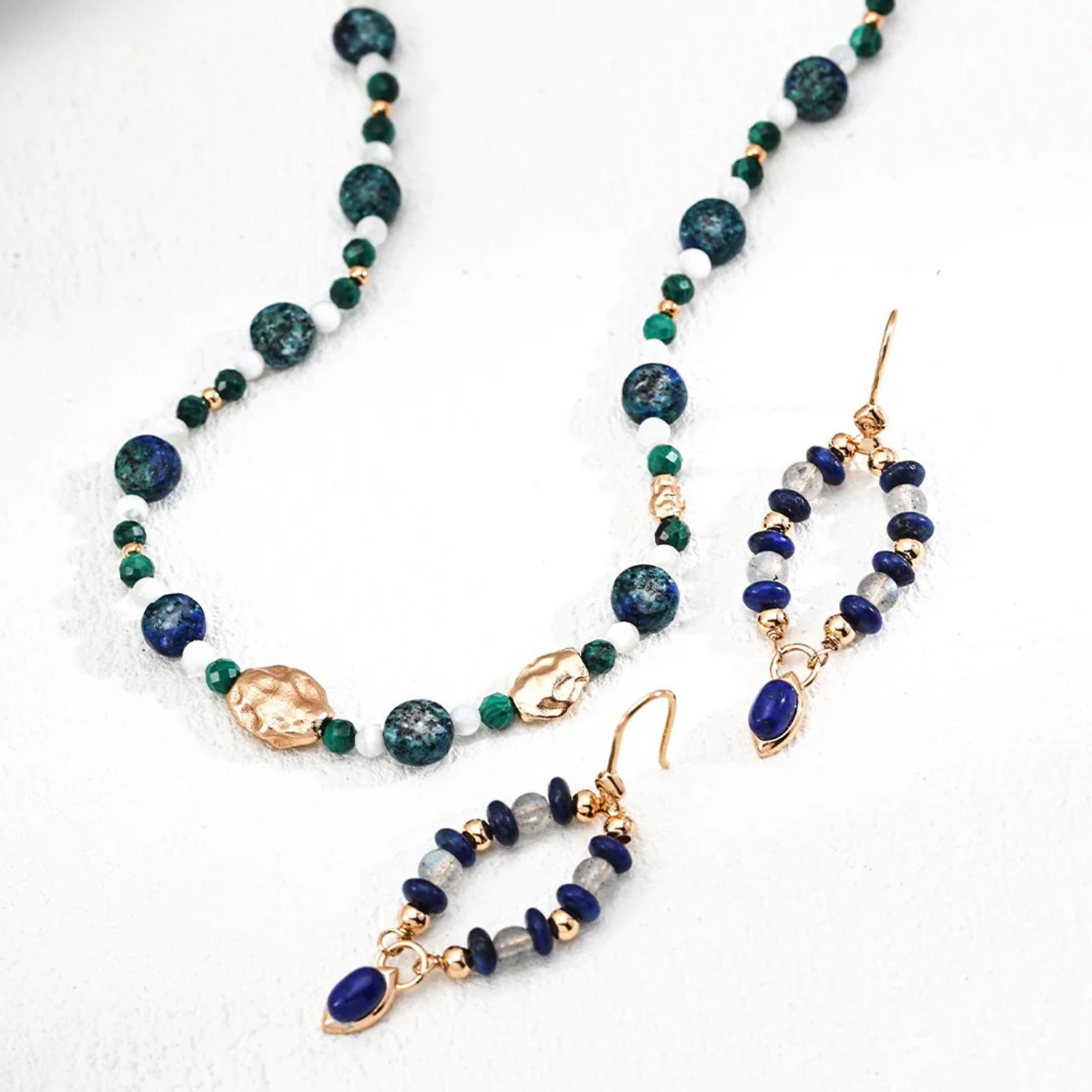 Luna Loop Earrings – Labradorite & Lapis Lazuli on S925 Sterling Silver in Vintage Gold
