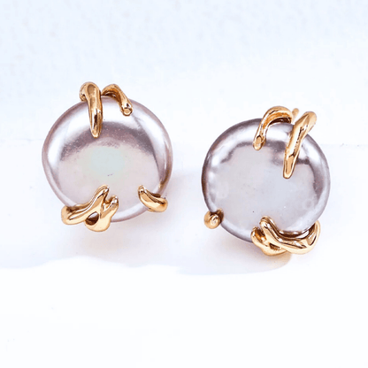 Sculpted Claw Coin Pearl Earrings – 18K Vintage Gold Plated S925 Silver- Beloved Moments Jewels & Co. Inc.
