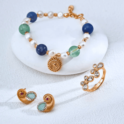 Aqua Teardrop Spiral Stud Earrings — S925 Vintage Gold - Beloved Moments Jewels & Co. Inc.