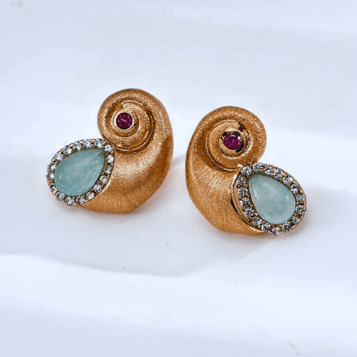 Aqua Teardrop Spiral Stud Earrings — S925 Vintage Gold - Beloved Moments Jewels & Co. Inc.
