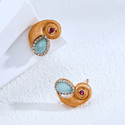 Aqua Teardrop Spiral Stud Earrings — S925 Vintage Gold - Beloved Moments Jewels & Co. Inc.