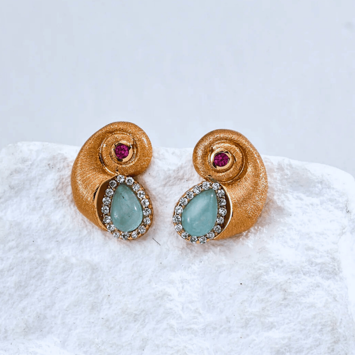 Aqua Teardrop Spiral Stud Earrings — S925 Vintage Gold - Beloved Moments Jewels & Co. Inc.