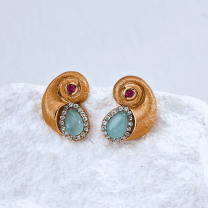 Aqua Teardrop Spiral Stud Earrings — S925 Vintage Gold - Beloved Moments Jewels & Co. Inc.