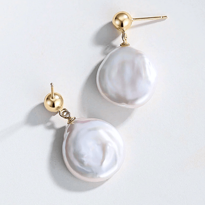 Baroque Coin Pearl Drop Studs – 18K Vintage Gold Plated - Beloved Moments Jewels & Co. Inc.