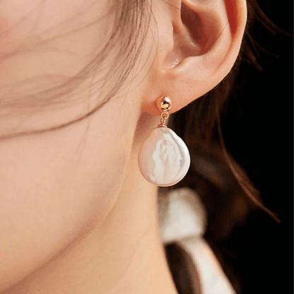 Baroque Coin Pearl Drop Studs – 18K Vintage Gold Plated - Beloved Moments Jewels & Co. Inc.