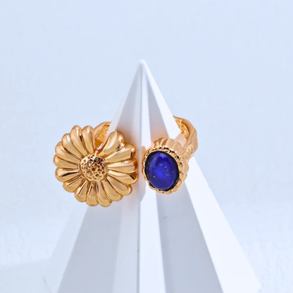Lapis & Daisy Open Ring — S925, Vintage Gold (Adjustable)