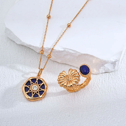 Lapis & Daisy Open Ring — S925, Vintage Gold (Adjustable)