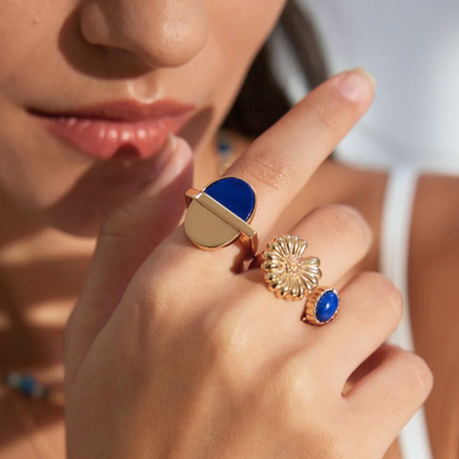 Lapis & Daisy Open Ring — S925, Vintage Gold (Adjustable)