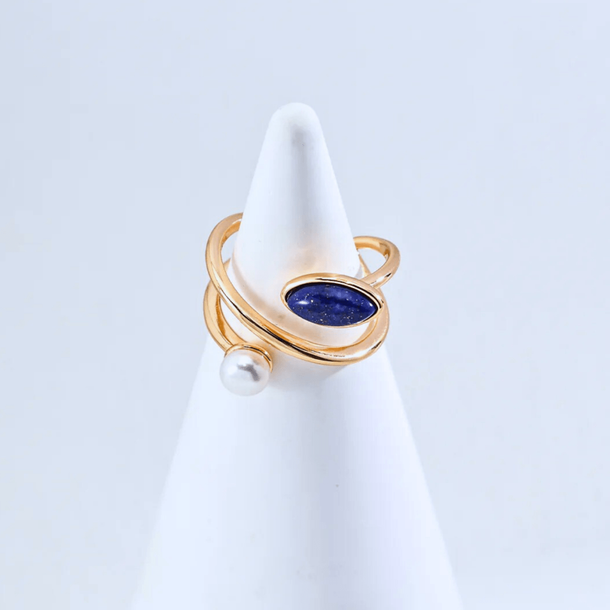 Lapis & Pearl Orbit Open Ring - 18K Vintage Gold-plated S925 Silver