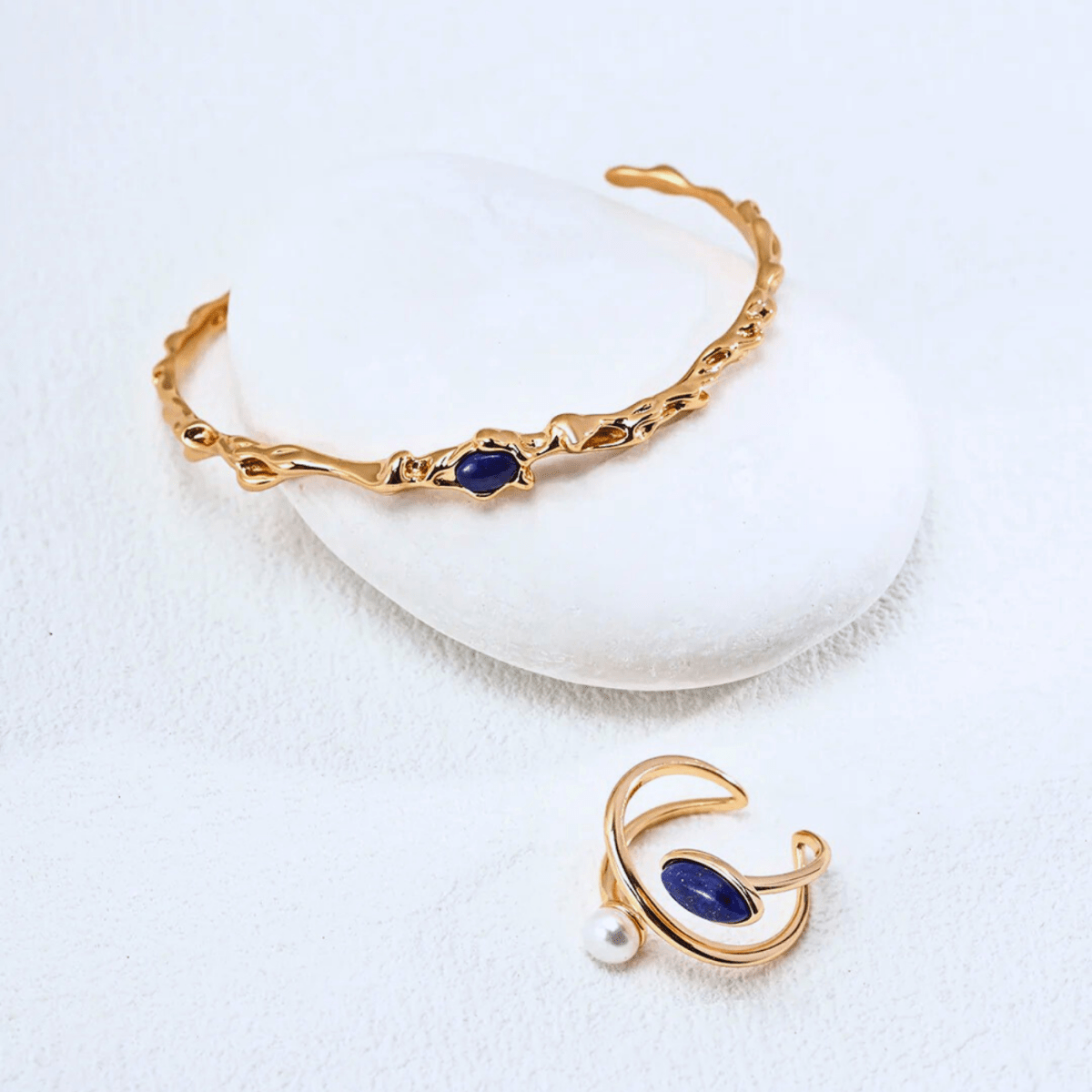 Lapis & Pearl Orbit Open Ring - 18K Vintage Gold-plated S925 Silver