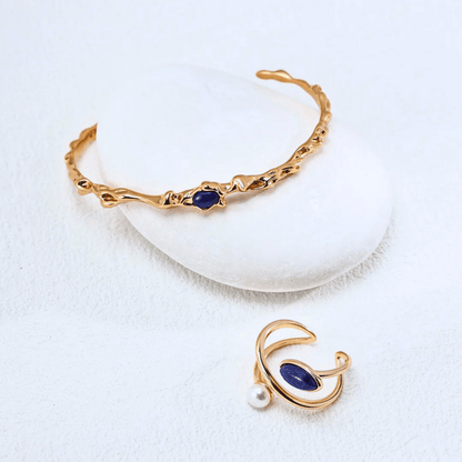 Lapis & Pearl Orbit Open Ring - 18K Vintage Gold-plated S925 Silver