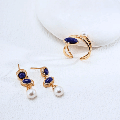 Lapis & Pearl Orbit Open Ring - 18K Vintage Gold-plated S925 Silver