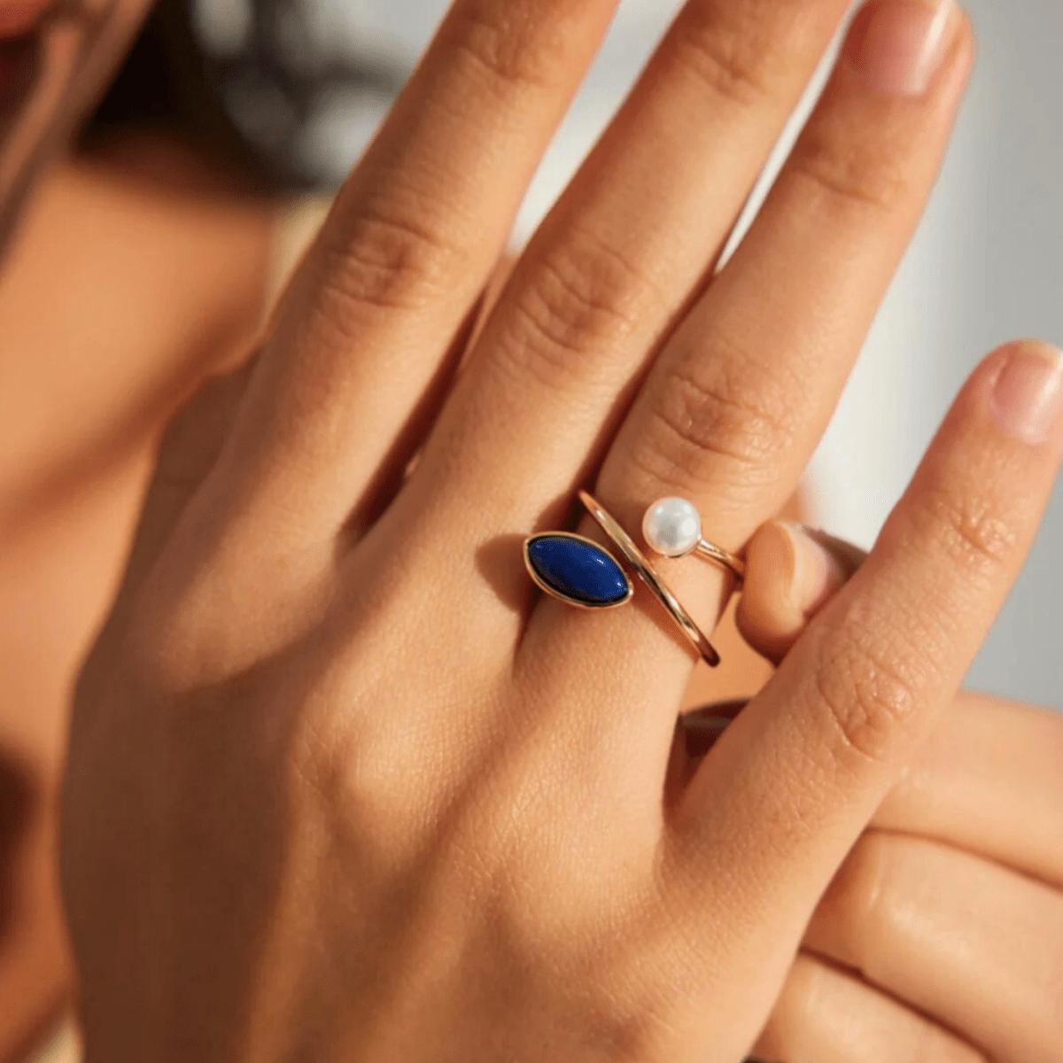 Lapis & Pearl Orbit Open Ring - 18K Vintage Gold-plated S925 Silver