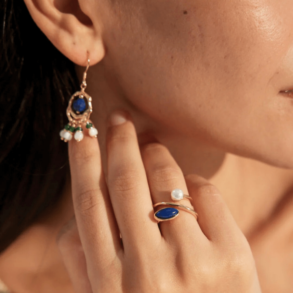 Lapis & Pearl Orbit Open Ring - 18K Vintage Gold-plated S925 Silver