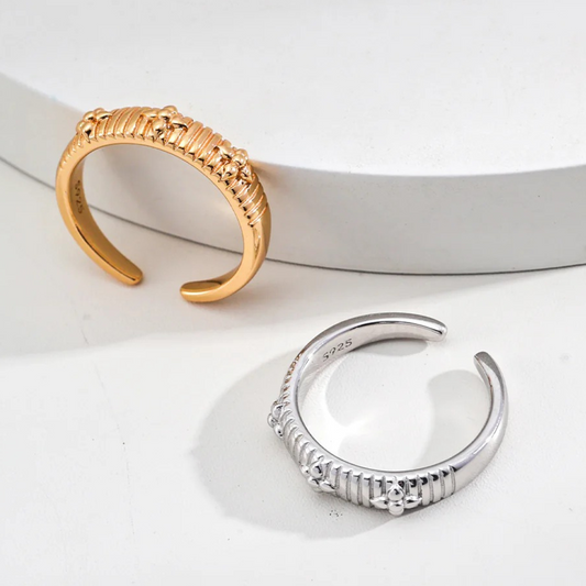 Vintage Floral Carved Open Ring in S925 Sterling Silver – Gold & White Gold Finish