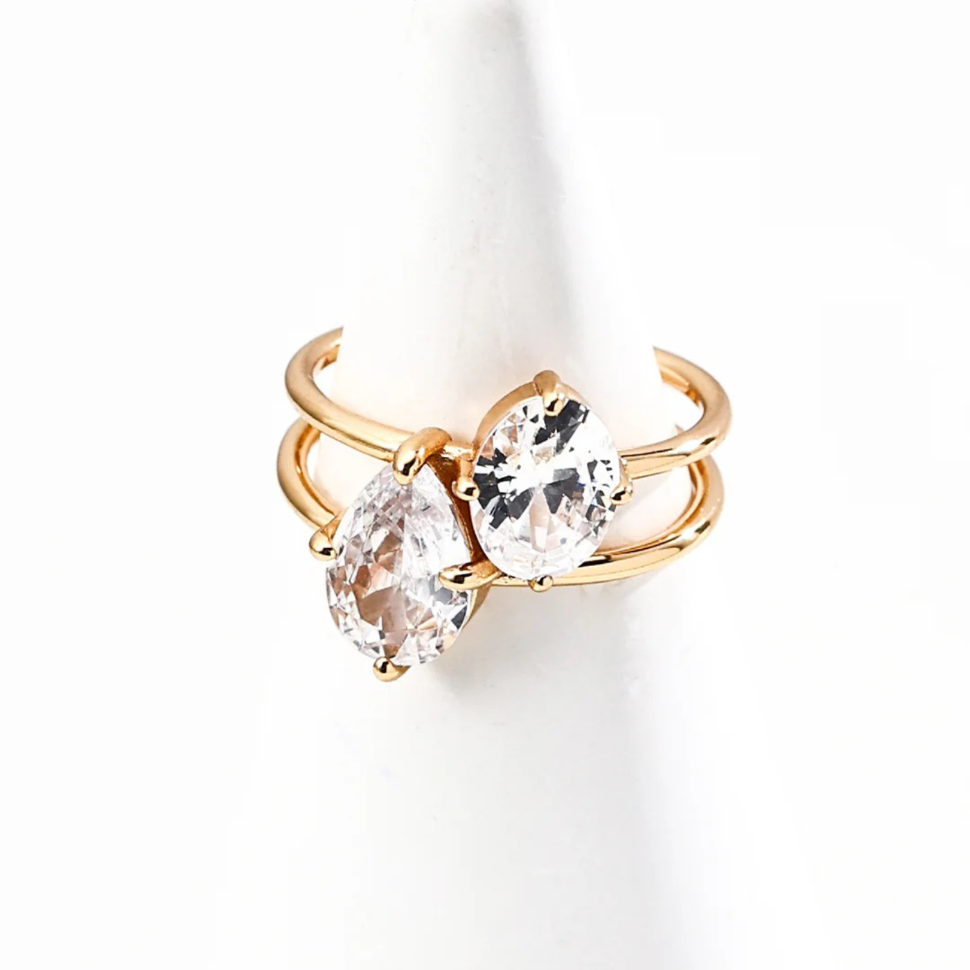 S925 Twin Gemstone Ring – Vintage Gold / White Gold