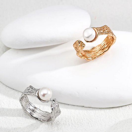 Withered Nest Open Pearl Ring – S925 Sterling Silver in Vintage Gold & White Gold