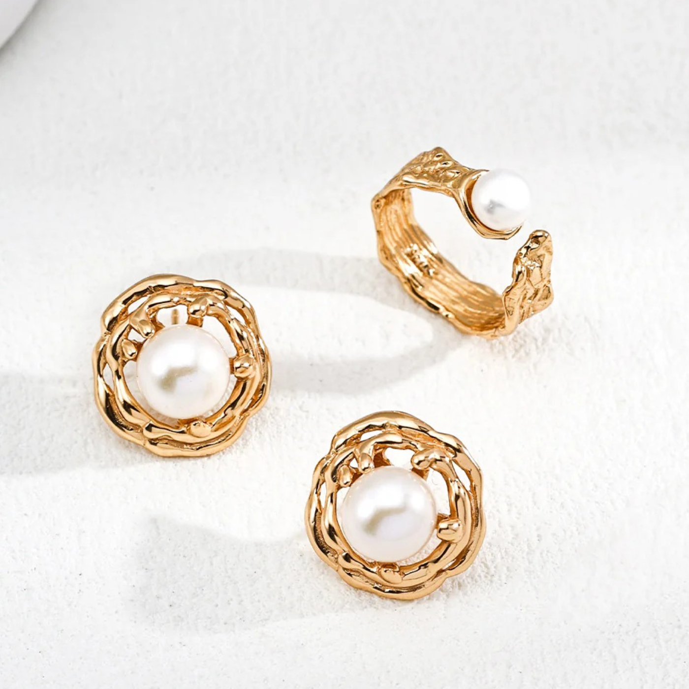 Withered Nest Open Pearl Ring – S925 Sterling Silver in Vintage Gold & White Gold