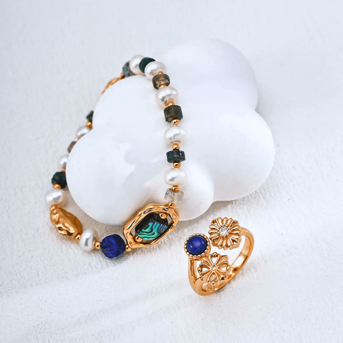 Lapis & Floral Open Ring - 18K Vintage Gold Plated S925 Silver