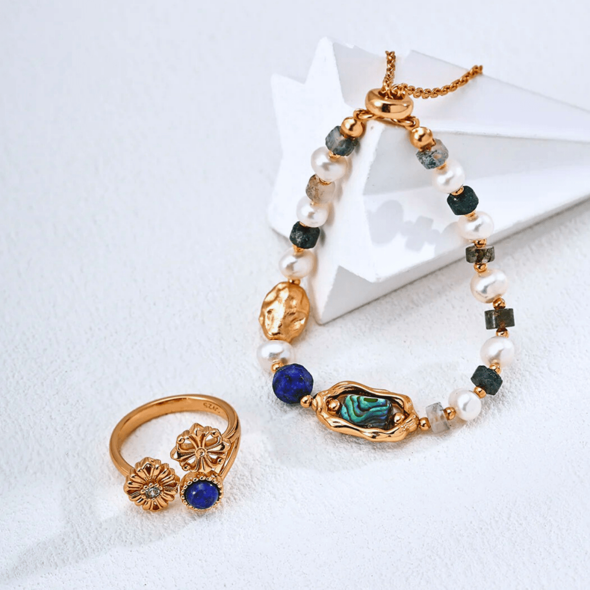 Lapis & Floral Open Ring - 18K Vintage Gold Plated S925 Silver