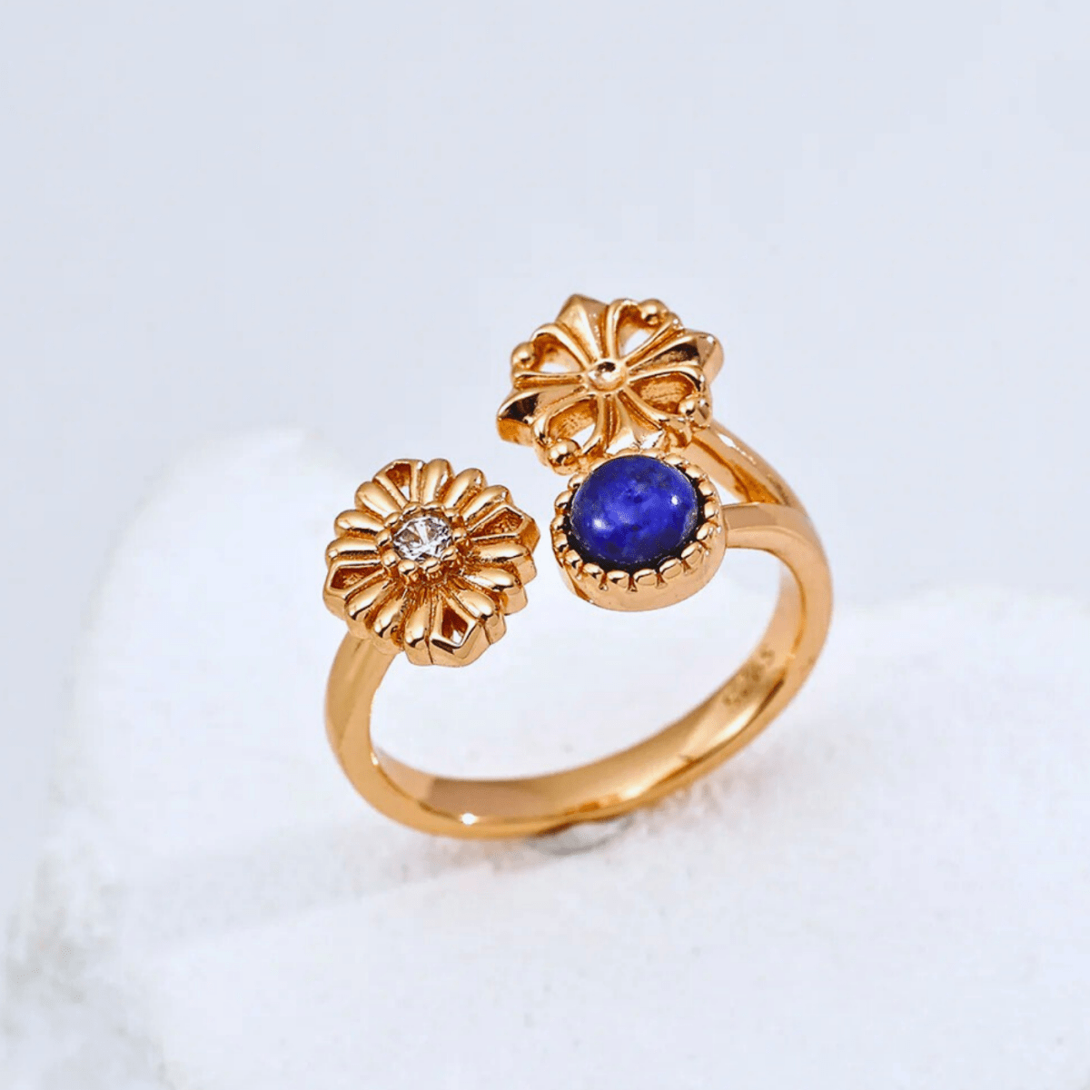 Lapis & Floral Open Ring - 18K Vintage Gold Plated S925 Silver