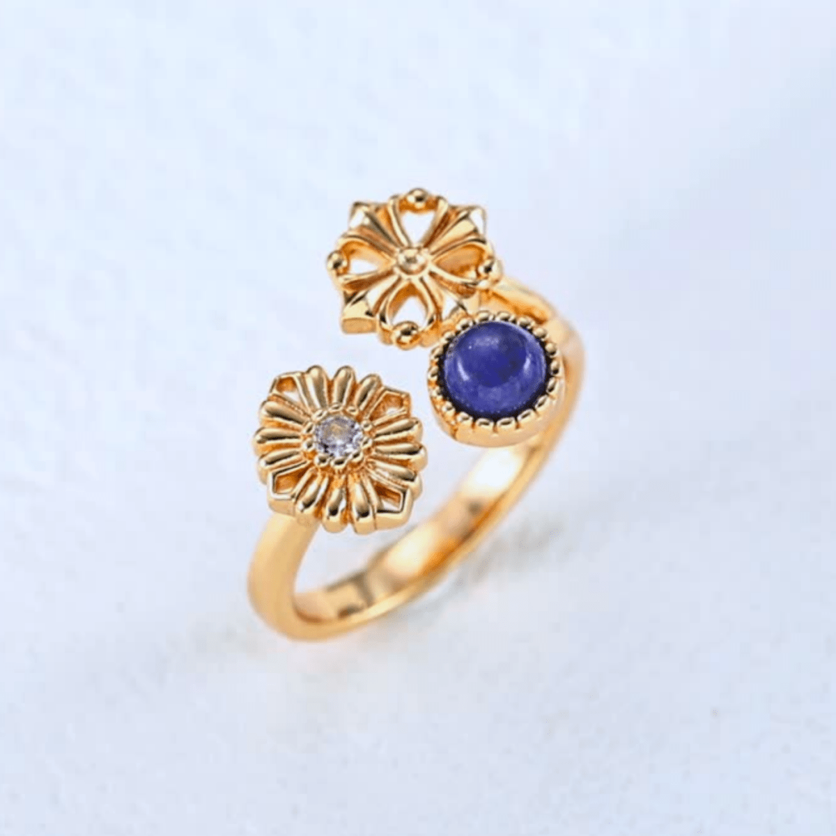 Lapis & Floral Open Ring - 18K Vintage Gold Plated S925 Silver